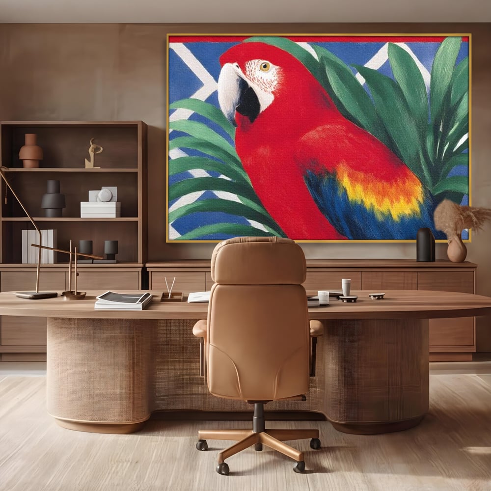 Tablou canvas cu tablou canvas cu papagal rosu, in rama de aluminiu auriu, pe perete intr-un birou